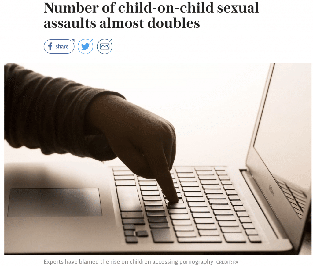 The Telegraph - number of child-on-child sexual assaults almost doubles headline